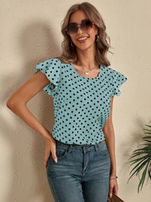 SHEIN LUNE Polka Dot Butterfly Sleeve Blouse - Mint Blue - View 6