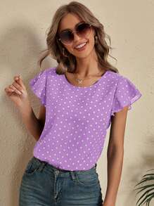 SHEIN LUNE Polka Dot Butterfly Sleeve Blouse - Purple - View 1