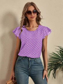 SHEIN LUNE Polka Dot Butterfly Sleeve Blouse - Purple - View 3