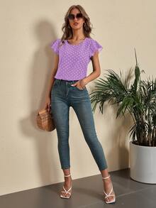 SHEIN LUNE Polka Dot Butterfly Sleeve Blouse - Purple - View 4