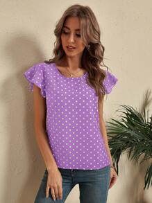 SHEIN LUNE Polka Dot Butterfly Sleeve Blouse - Purple - View 5