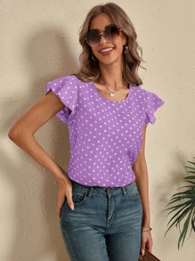 SHEIN LUNE Polka Dot Butterfly Sleeve Blouse - Purple - View 6