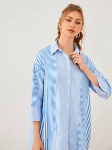 Mulvari Striped Drop Shoulder High Low Hem Blouse - Blue and White - View 4