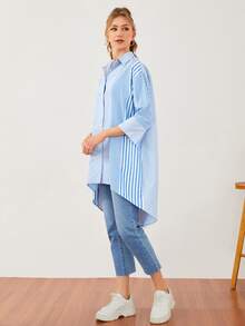 Mulvari Striped Drop Shoulder High Low Hem Blouse - Blue and White - View 5