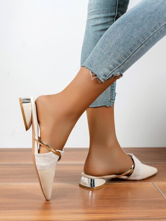 秋冬女式紫色穆勒坡跟鞋，尖头户外派对绒面革低跟鞋，优雅粗跟，平底鞋