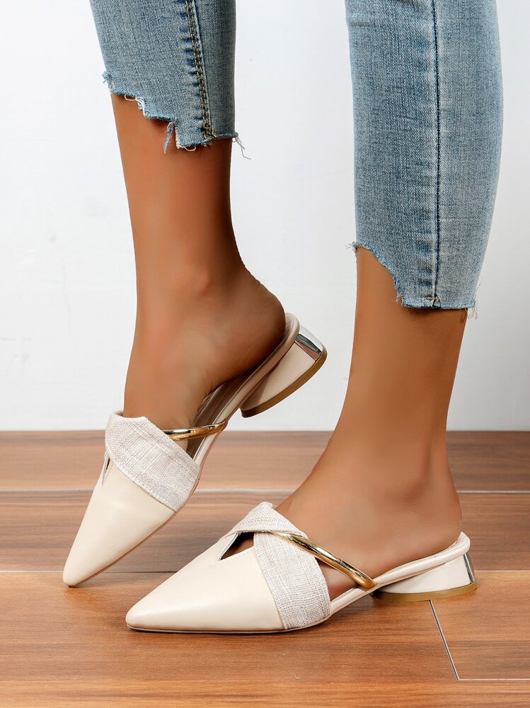 Sapatos de Anabela Roxos Femininos para Outono/Inverno, Sapatos de Salto Baixo Suede Pontudos para Festa ao Ar Livre, Salto Grosso Elegante, Sapatilhas - Bege - Visão 3