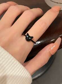 Rhinestone Cat Decor Ring Goth Punk Jewelry - Black - View 1