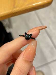 Rhinestone Cat Decor Ring Goth Punk Jewelry - Black - View 2