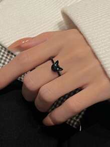 Rhinestone Cat Decor Ring Goth Punk Jewelry - Black - View 3