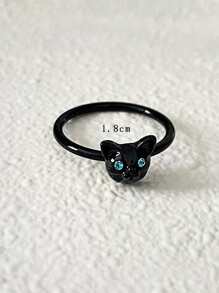 Rhinestone Cat Decor Ring Goth Punk Jewelry - Black - View 4
