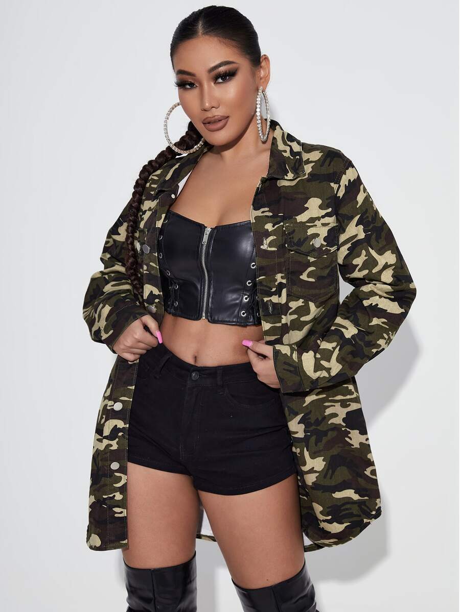 迷彩印花前紐扣牛仔外套 - 彩色 - 查看 1