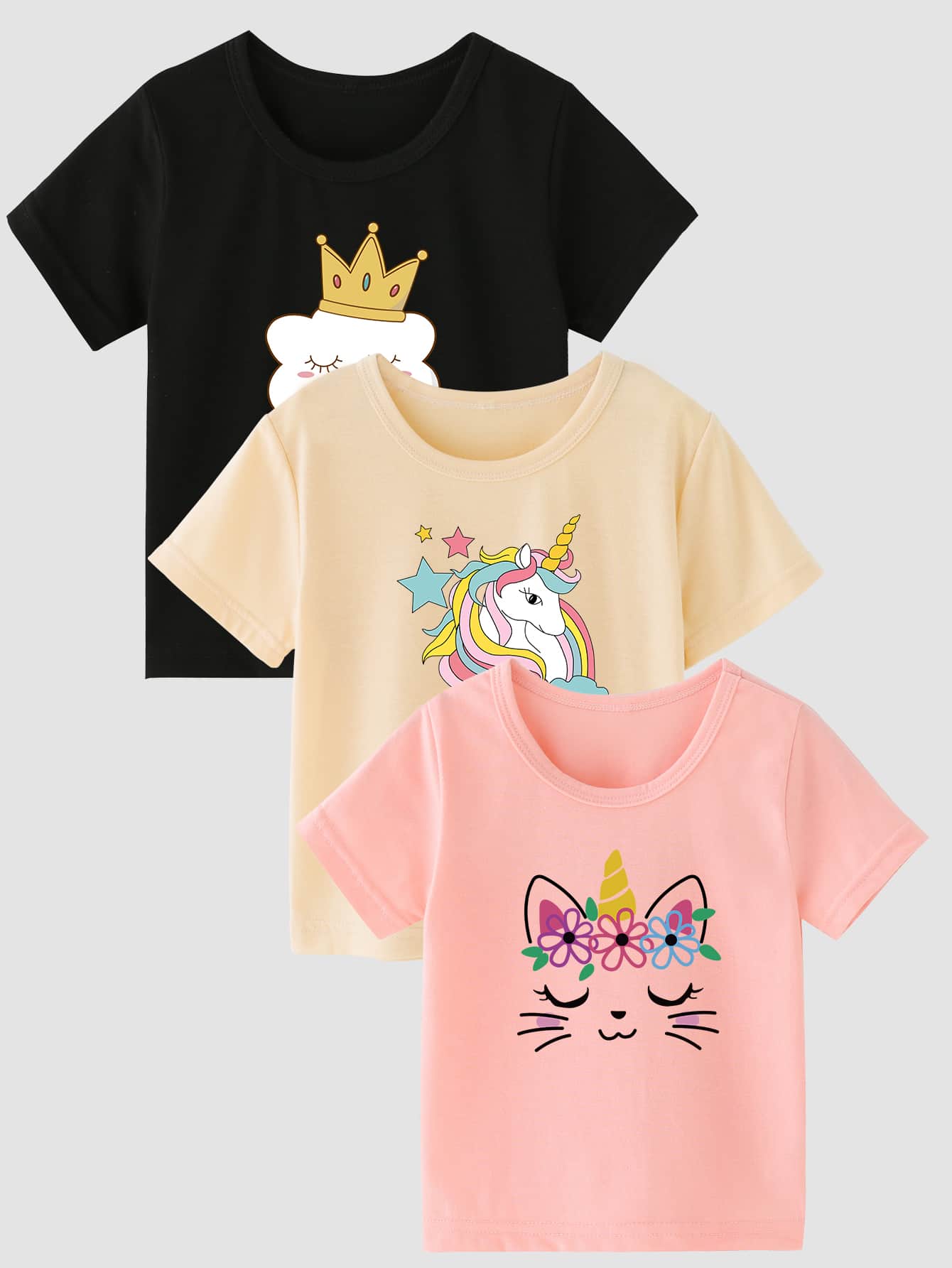 SHEIN 小女童3入組皇冠和卡通圖案T恤 - 彩色 - 查看 1