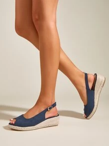 Buckle Detail Wedge Slingback Sandals - Blue - View 3