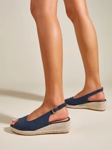 Buckle Detail Wedge Slingback Sandals - Blue - View 5
