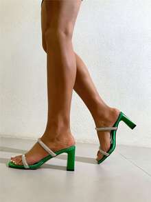 水鑽裝飾粗跟穆勒涼鞋 - 綠色 - 查看 6