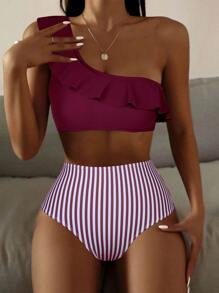 Bikini de cintura alta de un hombro con volantes a rayas de verano - Burdeos - Ver 1