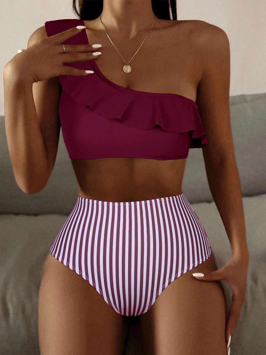 Bikini de cintura alta de un hombro con volantes a rayas de verano - Burdeos - Ver 1