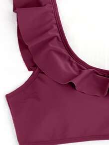 Bikini de cintura alta de un hombro con volantes a rayas de verano - Burdeos - Ver 3