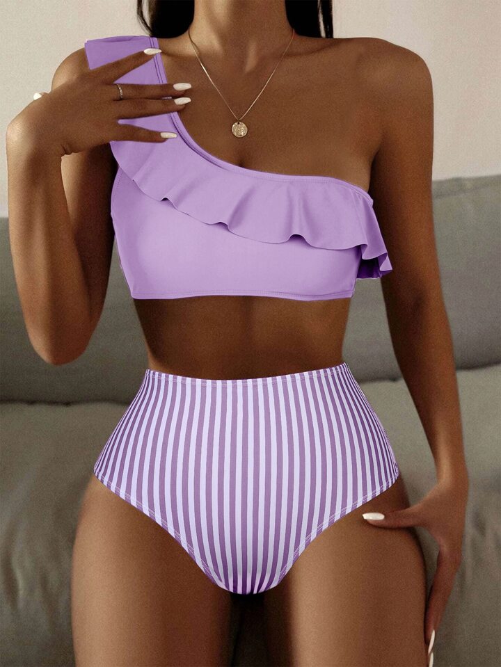 striped ruffle high waisted bikini set