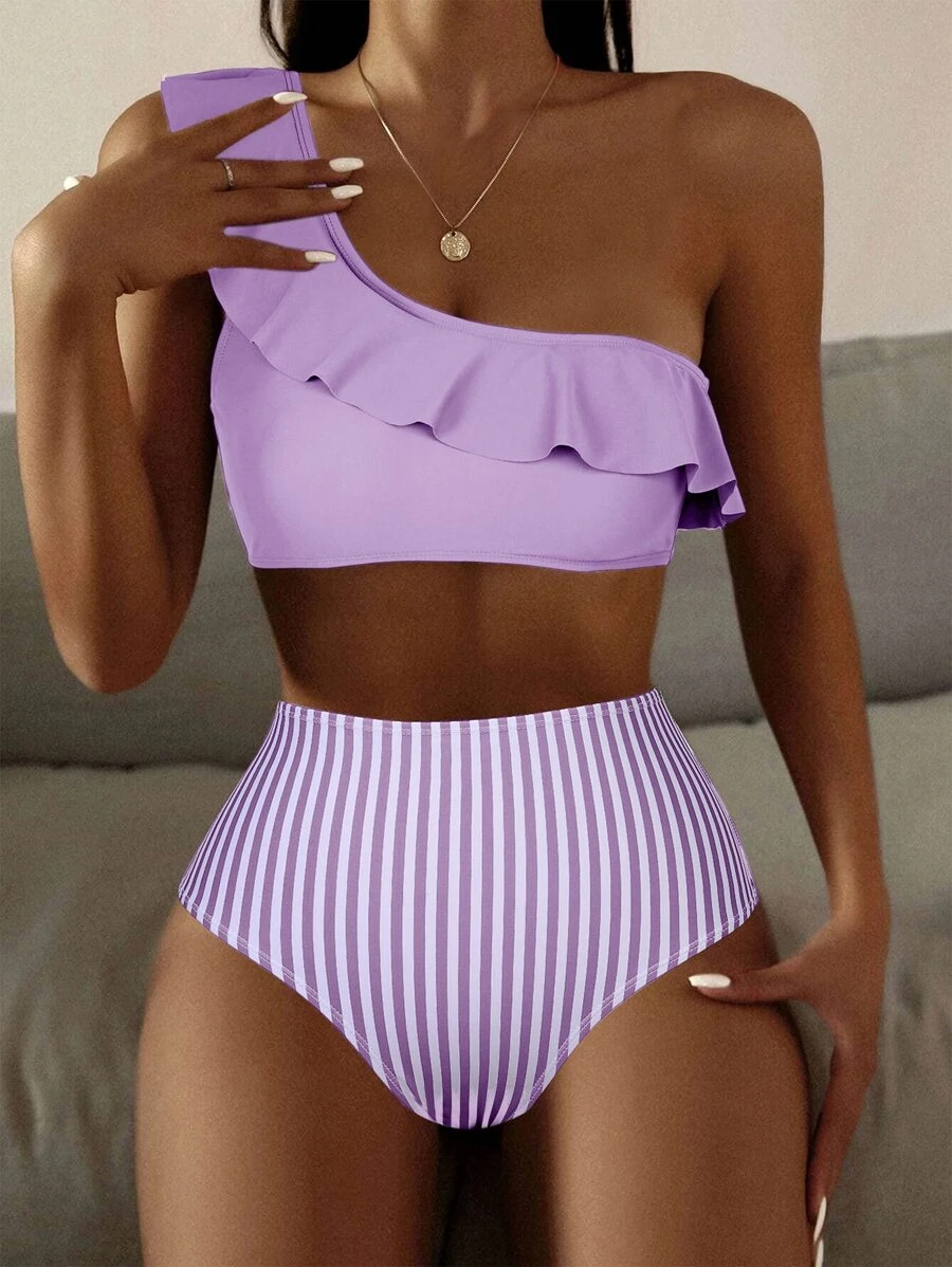 SHEIN Swim Bãi Biển Mùa Hè Sọc Bikini Bộ Xù Viền Một Vai Áo Ngực Không Dây & Cao Cấp Bikini 2 Miếng Bikini - Màu Lilac Tím - Xem 1