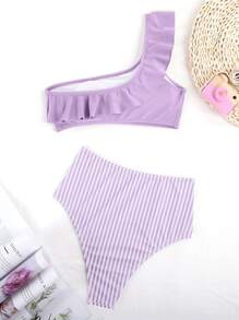 SHEIN Swim Bãi Biển Mùa Hè Sọc Bikini Bộ Xù Viền Một Vai Áo Ngực Không Dây & Cao Cấp Bikini 2 Miếng Bikini - Màu Lilac Tím - Xem 2