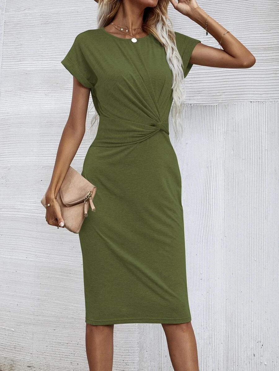 SHEIN Unity Solid Twist Front Fitted Dress - Army Green - View 1