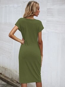SHEIN Unity Solid Twist Front Fitted Dress - Army Green - View 2