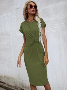 SHEIN Unity Solid Twist Front Fitted Dress - Army Green - View 3