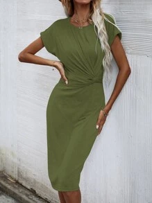 SHEIN Unity Solid Twist Front Fitted Dress - Army Green - View 4
