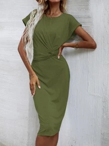 SHEIN Unity Solid Twist Front Fitted Dress - Army Green - View 6