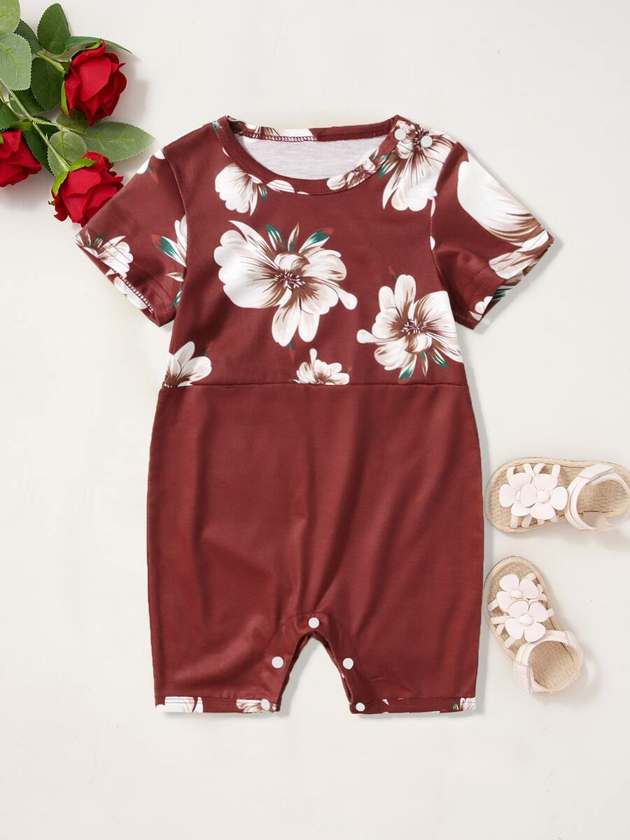 Baby 1pc Floral Print Romper - Burgundy - View 1