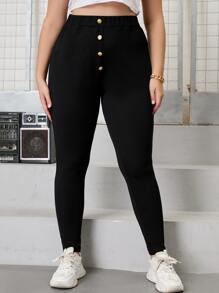 Flirla Plus High Waist Button Leggings - Black - View 3