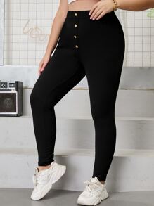 Flirla Plus High Waist Button Leggings - Black - View 1