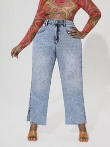 Quần Denim kích thước lớn Túi Chia màu trơn - Rửa nhẹ - Xem 1