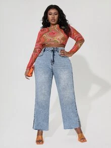 Quần Denim kích thước lớn Túi Chia màu trơn - Rửa nhẹ - Xem 3