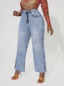 Quần Denim kích thước lớn Túi Chia màu trơn - Rửa nhẹ - Xem 4