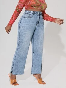 Quần Denim kích thước lớn Túi Chia màu trơn - Rửa nhẹ - Xem 5