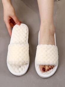 Single Band Fluffy Detail Bedroom Slippers - White - View 1