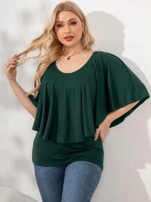 SHEIN Clasi 大碼素色荷葉邊T恤 - 墨綠色 - 查看 1