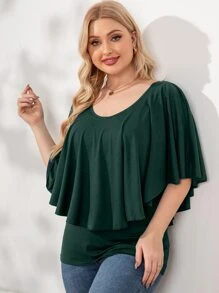 SHEIN Clasi 大碼素色荷葉邊T恤 - 墨綠色 - 查看 3