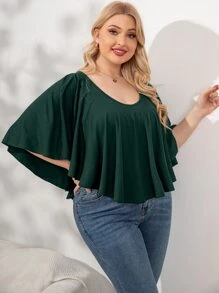 SHEIN Clasi 大碼素色荷葉邊T恤 - 墨綠色 - 查看 4