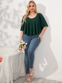 SHEIN Clasi 大碼素色荷葉邊T恤 - 墨綠色 - 查看 5