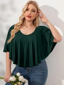SHEIN Clasi 大碼素色荷葉邊T恤 - 墨綠色 - 查看 6