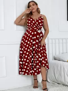 SHEIN Clasi Đầm Plus Size Thắt lưng Trọn gói Chấm bi Boho - Đỏ - Xem 1