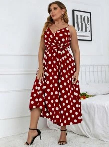 SHEIN Clasi Đầm Plus Size Thắt lưng Trọn gói Chấm bi Boho - Đỏ - Xem 3