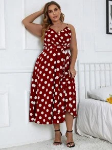 SHEIN Clasi Đầm Plus Size Thắt lưng Trọn gói Chấm bi Boho - Đỏ - Xem 4