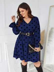 大碼波卡圓點荷葉袖不附腰帶連衣裙 - 藏蓝色 - 查看 1