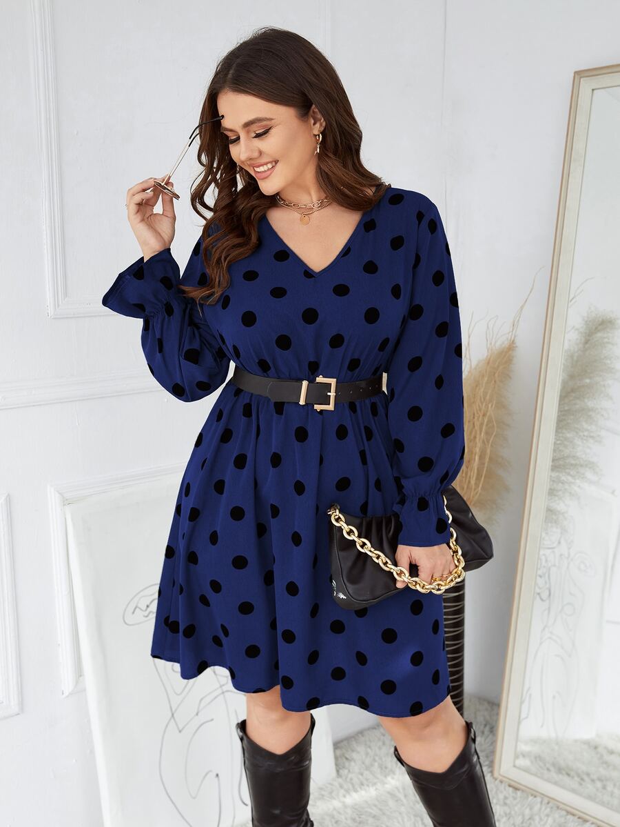 大碼波卡圓點荷葉袖不附腰帶連衣裙 - 藏蓝色 - 查看 1