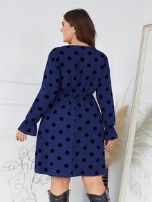 大碼波卡圓點荷葉袖不附腰帶連衣裙 - 藏蓝色 - 查看 2