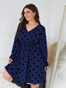 大碼波卡圓點荷葉袖不附腰帶連衣裙 - 藏蓝色 - 查看 3